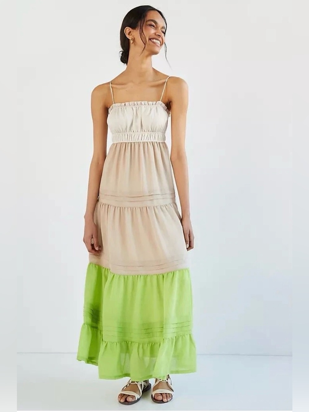 NWT Anthropologie Tiered Spaghetti Strap Maxi Dress in Cream, Taupe & Lime - L